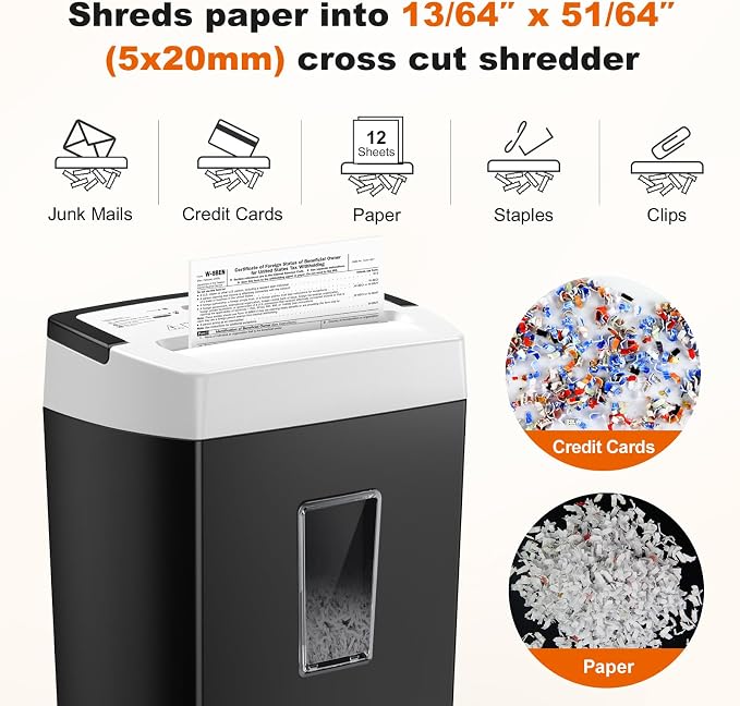 Bonsaii 12-Sheet Cross Cut Paper Shredder for Home Office, 5.5 Gal Bin | P-4 Heavy Duty Shredder for Paper, Credit Card, Mail, Staples, Transparent Window, Portable Paper Shredder for Home