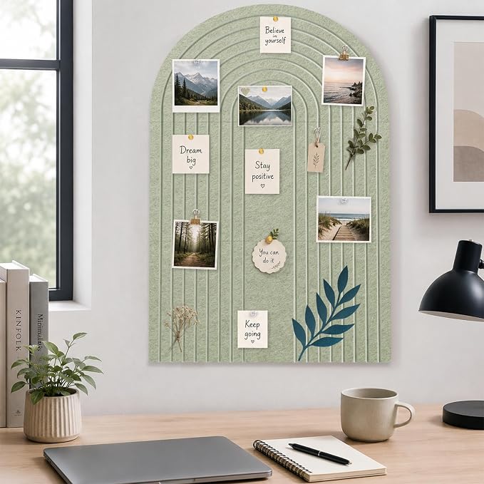 Large Arched Felt Bulletin Board, Sage Green Stylish Sized 36" x 24" Cork Board Alternative with Grooved Pin Board for Office & Wall, 3 Foldable Customizable Adhesive Tiles with Pins for Photo Display