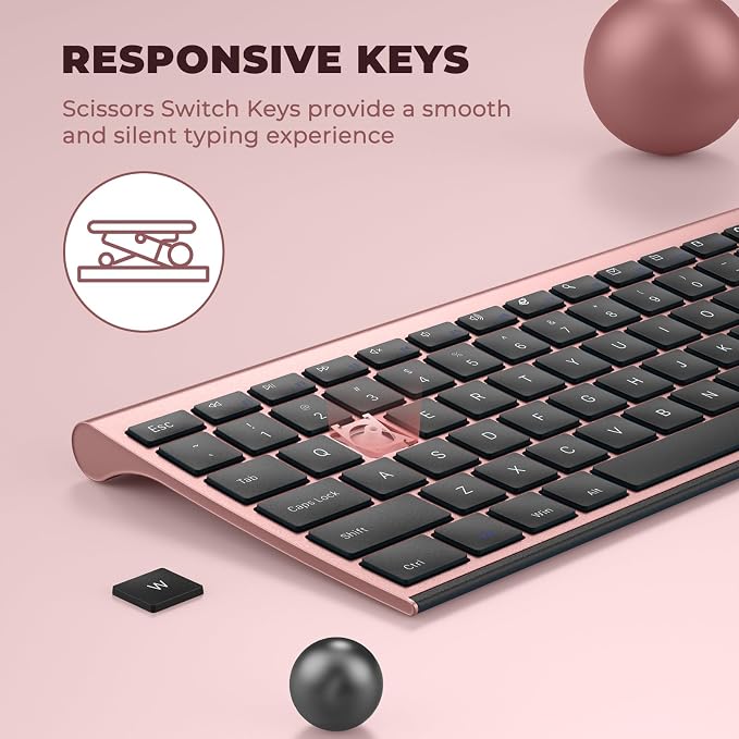 Vssoplor Wireless Keyboard and Mouse, Rechargeable Ultra Slim, Rose Gold | Quiet Full-Size Keyboard and Mouse Combo Set, for Laptop, PC, Notebook, Desktop, 2.4GHz Stable Connection, Ideal for Office