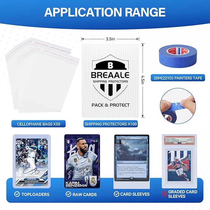 Trading Card Shipping Kit, Includes 100 3.5" x 4.5" Card Shipping Protectors, 50 Envelope Bubble Mailers, 50 Self-Seal Poly Bags, 20M Painter’s Tape for Raw Cards, Toploaders & TCG Singles