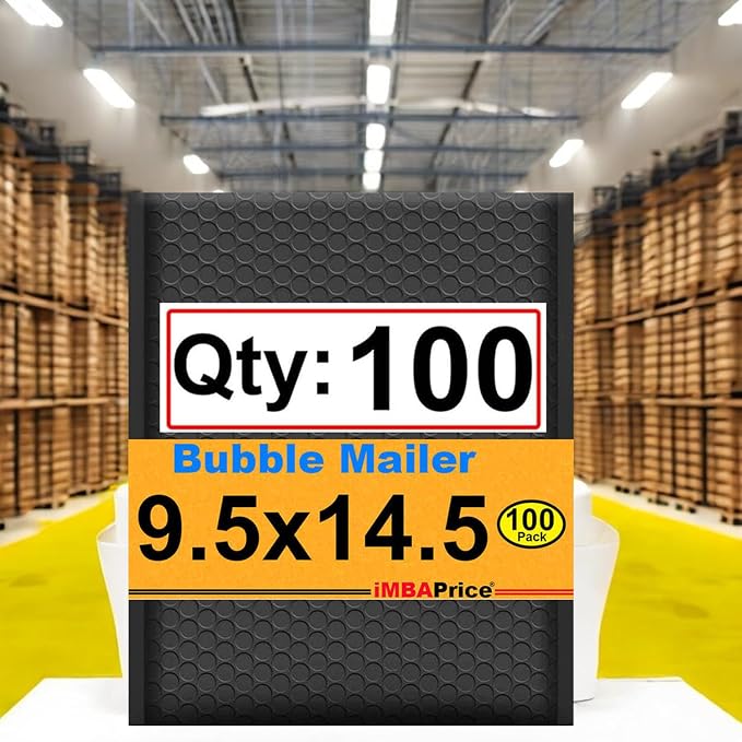 iMBAPrice 9.5x14.5 Inch Black Poly Bubble Mailers, 100-Pack | Medium-Large Padded Shipping Envelopes, Self-Seal Adhesive, Waterproof, For Electronics & Accessories