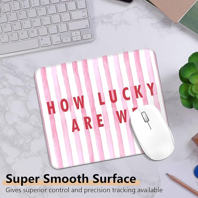 Pink Positive Affirmations Mouse Pad, How Lucky are We Inspirational Striped Square Mousepad Mouse Mat with Anti-Slip Rubber Base for Computer Laptop Home Office Dorm Desk, 9.5x7.9 in