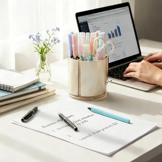 Comix 360° Rotating Pen Holder for Desk, Pencil Holder with 5 Slots, Cute White Plastic Desk Organizer for Home School Office Supplies