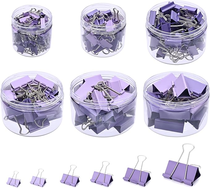 Temiary Metal Binder Clips, Assorted 6 Sizes Purple 208 P for Office, Home | Colored Binding Paperwork Clamp Bulk for Office, Home, School