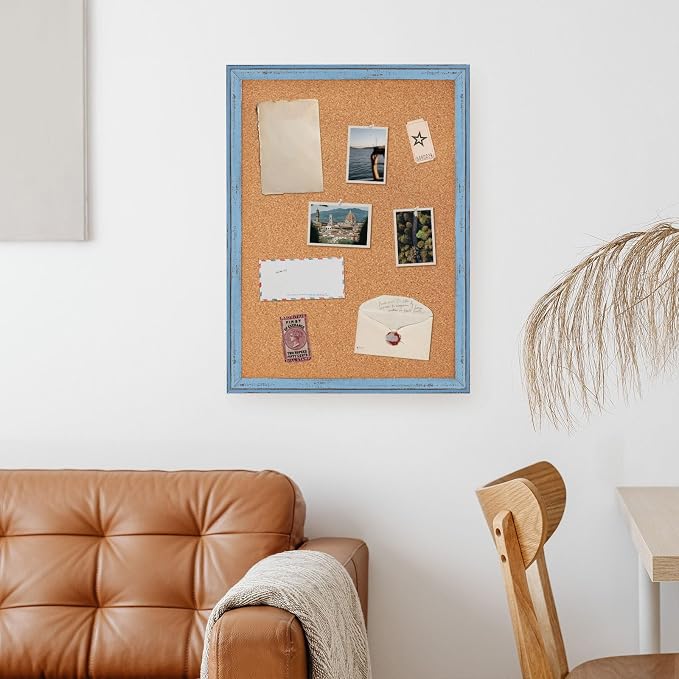 DOLLAR BOSS Cork Board, 24" X 18" Rustic Framed Bulletin Board, Blue | Decorative Pin Board, Wall Hanging Notice Board, For Office & Home Decor Memo Display, With Pins