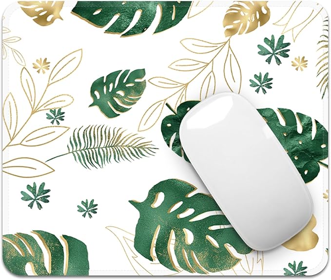 Mouse Pad with Stitched Edges - Tropical Leaf Mousepad for Women, 9.25 x 7.75 inch Washable Square Desk Pad, Non-Slip Rubber Base, Office Home Laptop Accessories - Golden Monstera