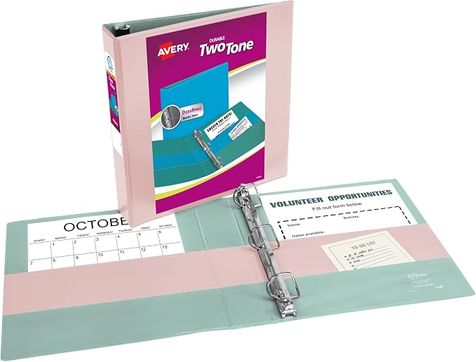 Avery® Two-Tone 3 Ring Binder, 1.5" Slant Rings, 1 Blush/Sage Binder | For School, Home and Office Organization, Customizable Clear Overlays, DuraHinge Tear-Resistant Spine, DuraEdge Sides