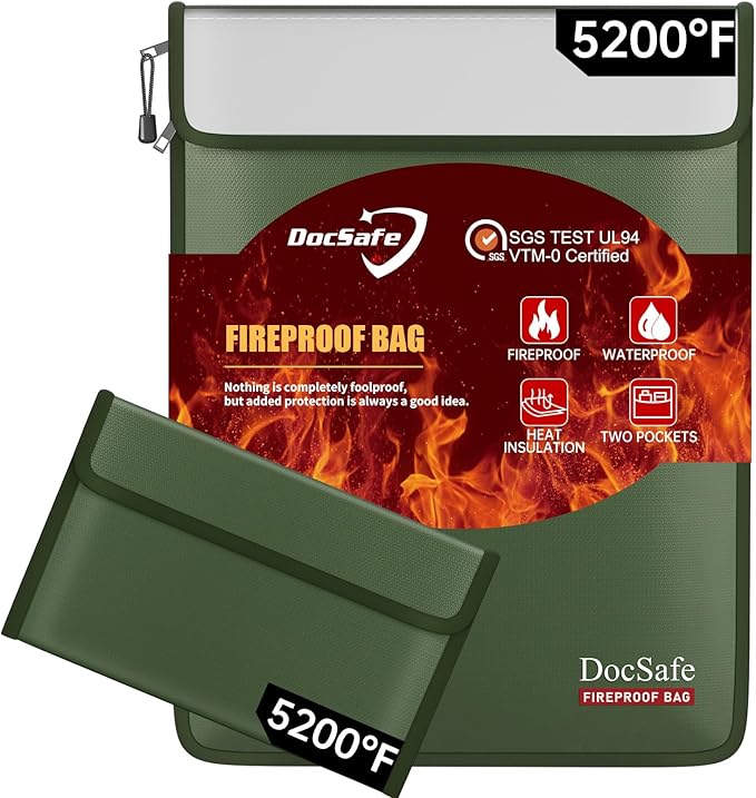 DocSafe Fireproof Document Bag (5200℉) with Fireproof Organizer Travel Case,Heat Insulated Fire＆Water Resistant 8 Layers Safe Money Bag Storage for Important Documents,Cash,Power Bank,Valuables,Green