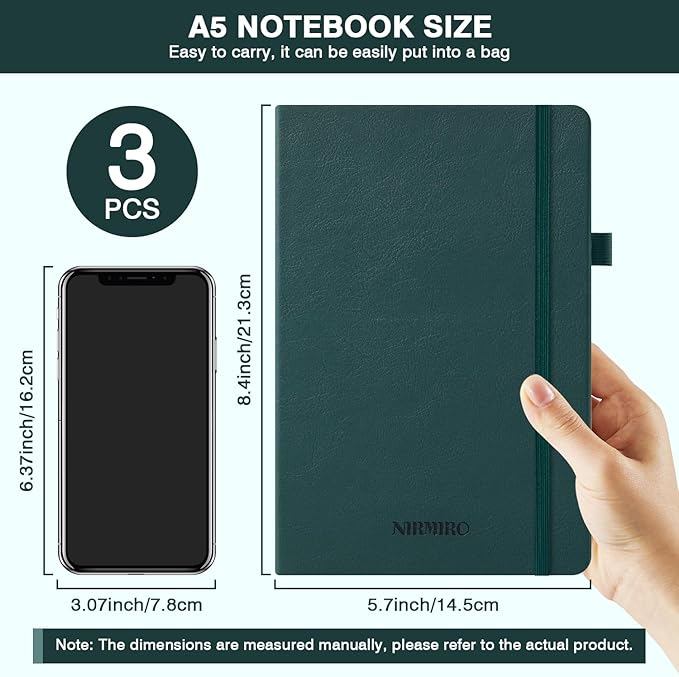 Hardcover Journal Notebook, A5 (5.7"x8.4"), 3 Pack 160 Pages Lined Journaling Notebooks with Pen, for Women, Men, Work, Writing, Travel, 100GSM Ruled Paper, School Office Supplies, Black, Red, Green