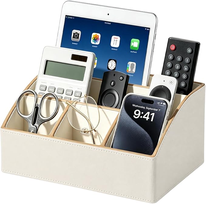 TV Remote Control Holder,Mail Organizer Countertop,Office Supplies Storage | PU Leather Modern 5-Slot Bedside Table Desktop Caddy for Pen/Pencil, Eyewear, Makeup Brushes, Desk Accessories, Home Decor