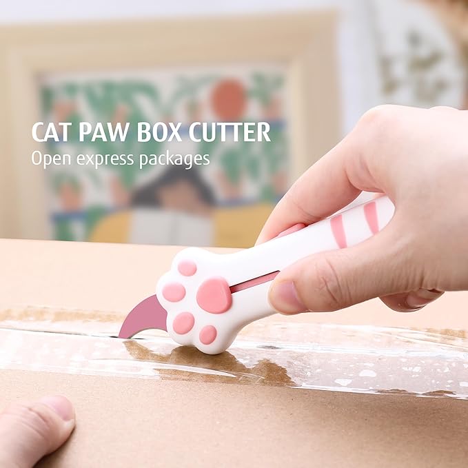 Cat Paw Box Cutter Retractable with Cat Paw Handle, Multifunctional Knife Set (Pink)