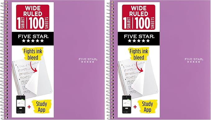 Five Star Spiral Notebook + Study App, 1 Subject, Wide Ruled Paper, 8" x 10-1/2", 100 Sheets, Fights Ink Bleed, Water Resistant Cover, Amethyst Purple (72351) (Pack of 2)