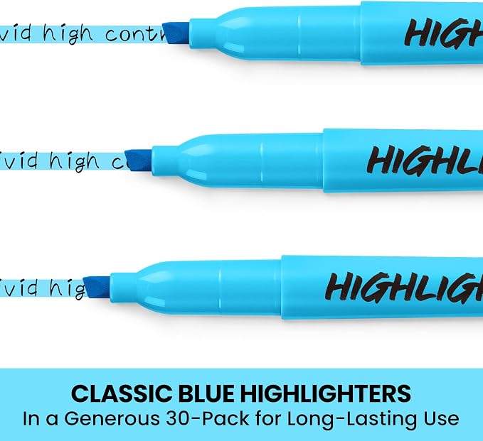 Taja 30 Pack Highlighters, Blue, Chisel Tip with No Bleed Ink | Highlighters with Smooth Broad & Precise Lines, Ideal for Journaling & Note Taking, Study Essentials and Office Supplies