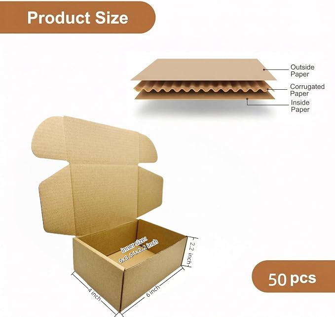 6x4x2.2 Inches Small Shipping Boxes Corrugated Packing Box 50 Pack | Kraft Cardboard Gift Boxes Small Business Moving Mailing DIY