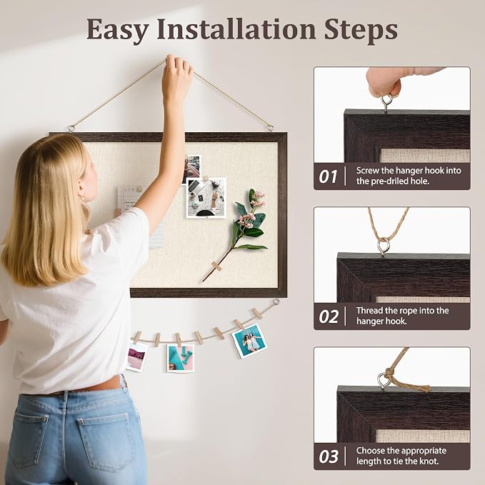 DOLLAR BOSS Bulletin Boards with Linen, 36"x24" Cork Board, Dark Walnut | Double-Sided Corkboards for Walls, Decorative Pin Board, Photo Display, For Office Home School Dorm, 10 Pushpins 10 Clips