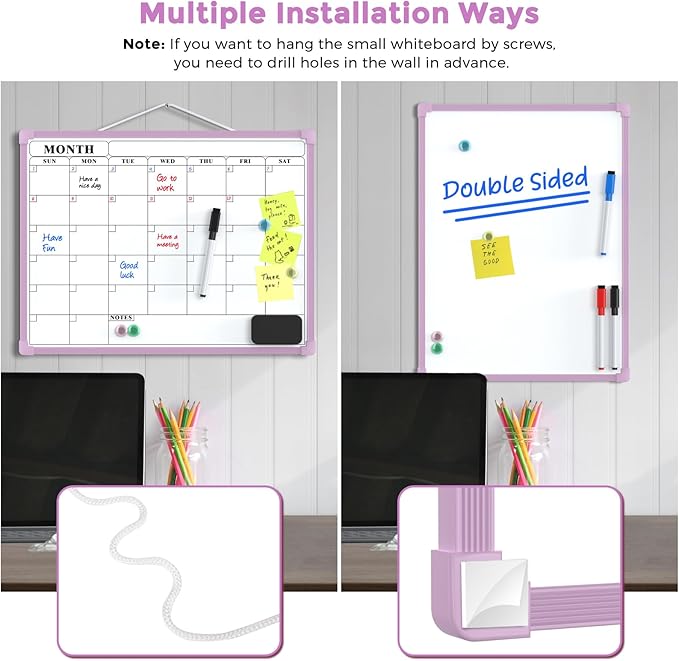 MaxGear Monthly Calendar Dry Erase Board for Wall, 16"x12" Small Hanging Double-Sided White Board, Portable Whiteboard for Planning, Drawing, Memo, to Do List, School, Home, Office, Purple Frame