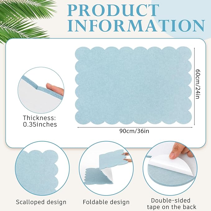 Scalloped Felt Bulletin Board 36 x 24 Inches Foldable Blue Pin Cork Board Alternative for Wall, 3' x 2' Trifold Picture Vision Self Adhesive Bulletin Decorative