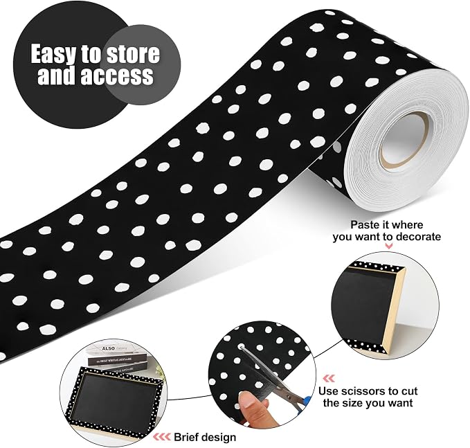 Zonon 65 Feet Bulletin Board Borders Black White Polka Dots Rolled Trim | Classroom Back to School Decoration, Scalloped Wavy Edge Design, Straight Trim for Bulletin Boards, Decorative Display
