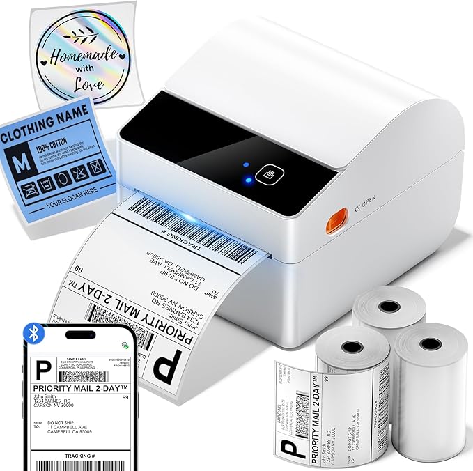 ASprink Bluetooth Shipping Label Printer with 3 Roll Labels, 4x6 Thermal Label Printer for Small Business, Thermal Printers Come with 750PCS 4x6‬ White Labels (250 Labels/Roll)