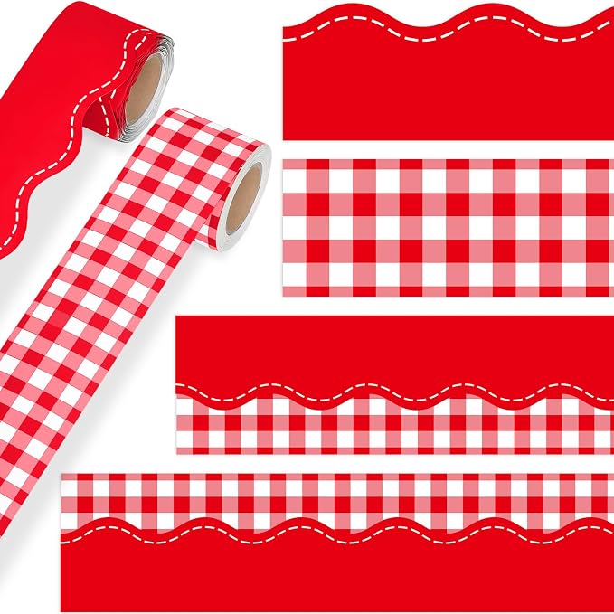 2 Rolls 65.6ft Red Gingham Bulletin Board Borders Decoration Red Checkered and Straight Edge Bulletin Borders Board Trim for Office School Classroom Chalkboard Party Decoration