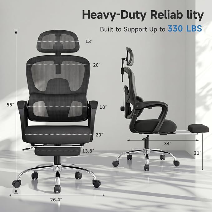 Ergonomic Office Chair with Footrest, 90-145° Reclining Desk Chair with Adjustable Lumbar Support & Headrest, High Back Mesh Computer Chair for Home Office/Gaming, 350lbs Capacity