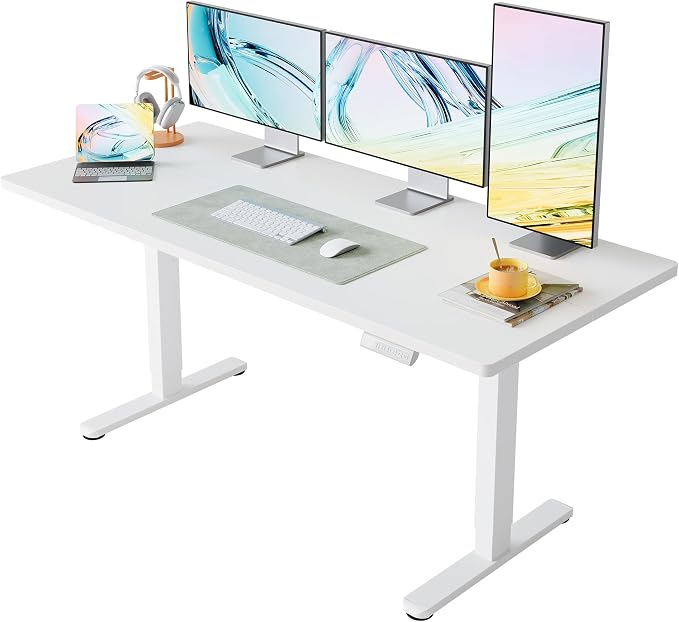 HUANUO 63x28 Inch Electric Standing Desk, Height Adjustable, White | 176 Lbs Capacity, Smooth Home Office Desk, 4 Memory Presets & Headphone Hooks, 28.3–46.5 Inch Height Range, Easy to assemble