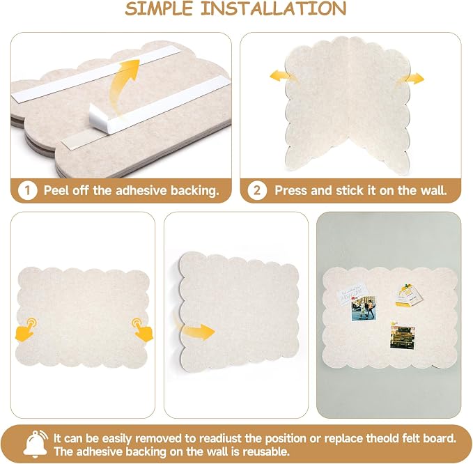 Scalloped Felt Bulletin Board 24" x 18" Cork Board Alternative,Decorative Felt Pin Board Foldable Cork Boards for Walls Self-Adhesive Cork Board for Home Office Classroom Pin Board (Oatmeal) 2pack