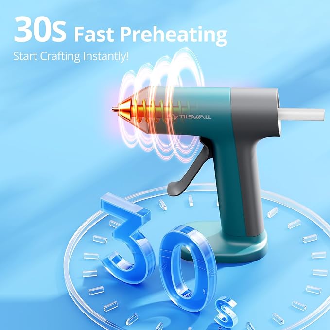 Tilswall Cordless Hot Glue Gun, 30s Fast Preheating, Rechargeable | Hot Melt Glue Gun with Smart Power-Off, 20pcs Premius Glue Sticks, USB-C Inputs Ideal for DIY Craft, Home Repaire W106 Blue
