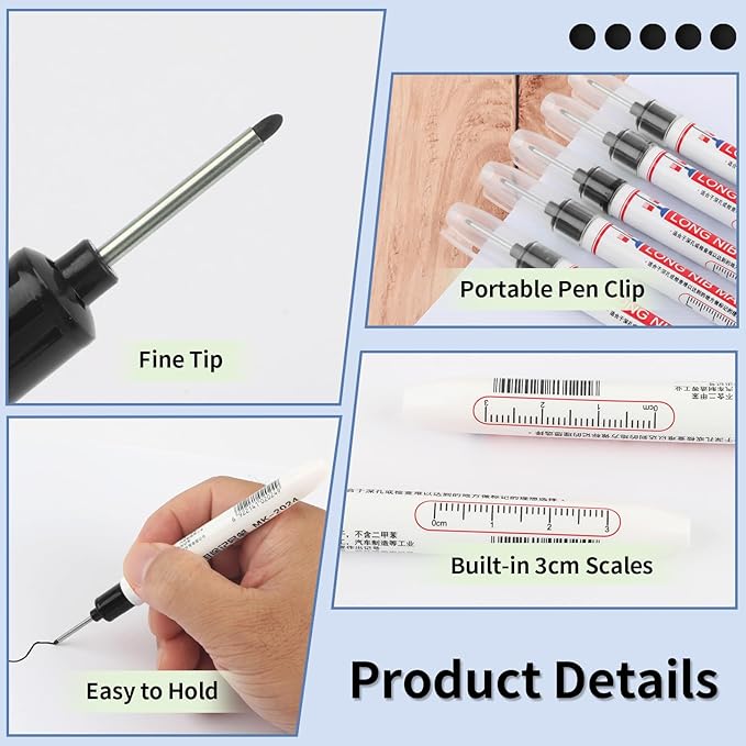 15 Pcs Long Nib Marker, 20 mm Long Head Deep Hole Marker Pens, Fine Nose Tip Deep Reach Permanent Paint Markers for Metal, Marking Pen for Drilling, Carpenter, Woodworking, Construction (Black)