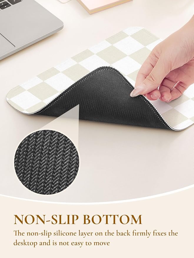 Cute Beige White Mouse Pad,Retro Checkered Pattern Mousepad,Square Aesthetic Plaid Waterproof Grid Mouse Mat Design, Non-Slip Rubber Base Computer Funny Boho Small Mouse Pads
