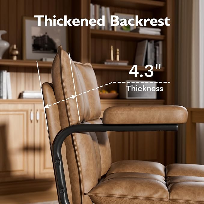 Mid Century Modern Desk Chair, Vintage Leather Office Chair, Brown | Petite Computer Chair for Small to Medium Women, Thickened Back, Cozy Seat, Adjustable Height for Home