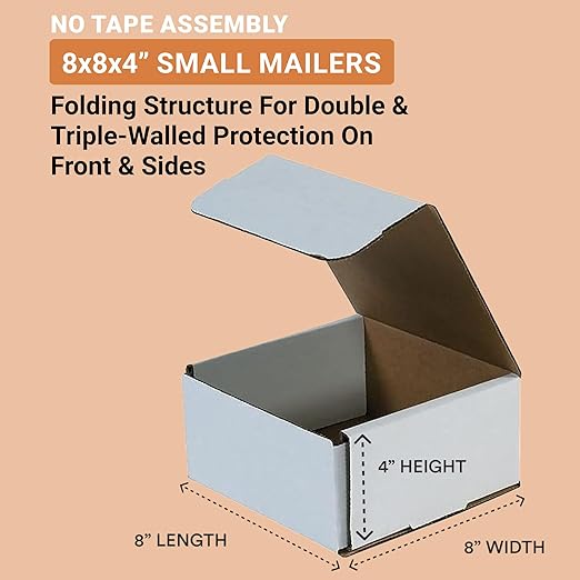 Aviditi White Corrugated Cardboard Mailing Boxes, 8" x 8" x 4" (Pack of 50) Crush-Proof Mailers, Small Cardboard Boxes for Shipping, Packing, Moving, and Storage