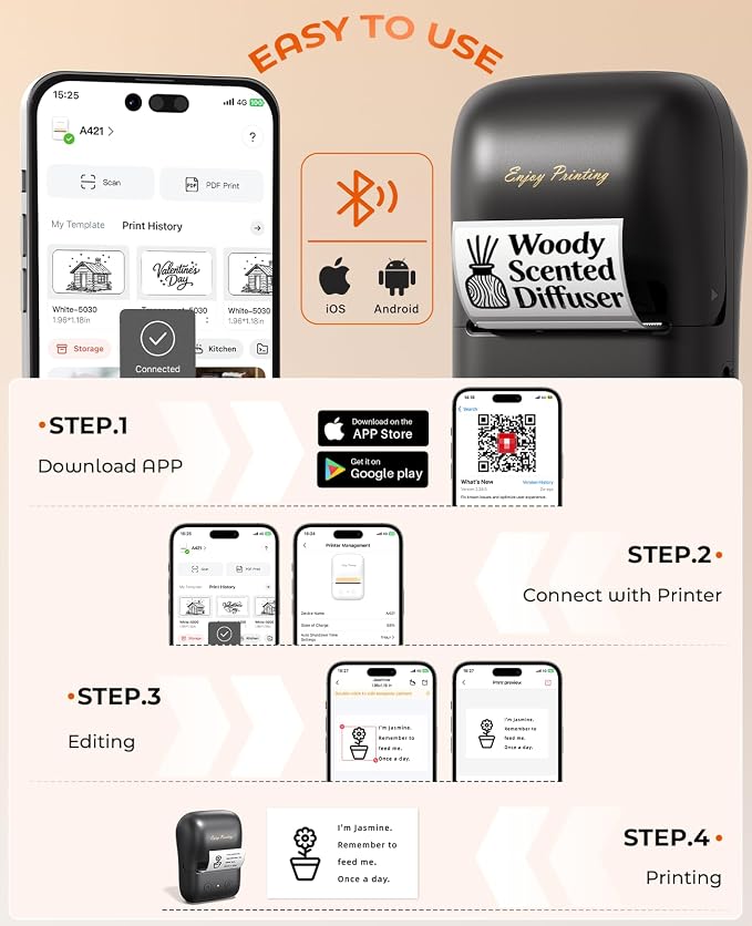 TATTMUSE Label Maker, A421 Sticker Printer | Bluetooth Thermal Label Maker Machine, 2 Inch for Home, Business, Office, Address, Compatible with Phone & PC