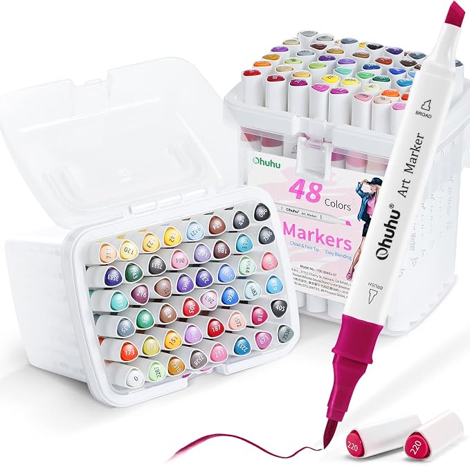 Ohuhu Alcohol Markers Brush& Chisel 96 Colors Drawing Markers for Coloring | Dual Tips Art Marker Set for Beginners, 94 Vibrant Colors& 2 Colorless Blender for Adult Drawing Sketching, Great Value Pack