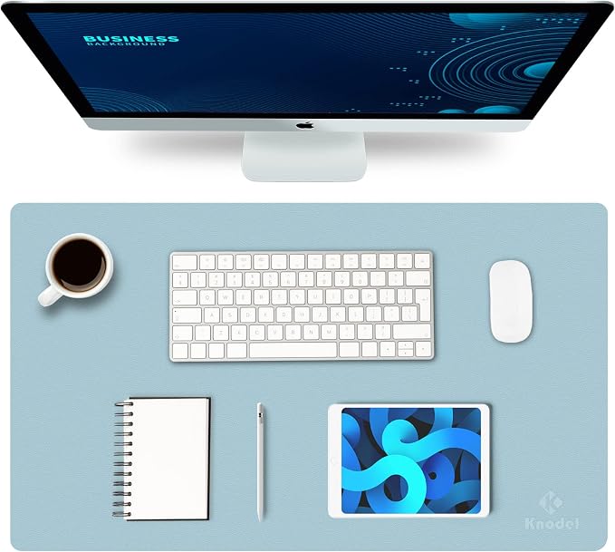K KNODEL Small Office Desk Mat, Leather Mouse Pad (23.6"x13.8", Light Blue) | Desk Pad, Keyboard Pad, Computer and Laptop Mat, Desktop Protector and Cover, Writing Pad and Blotter for Home Office
