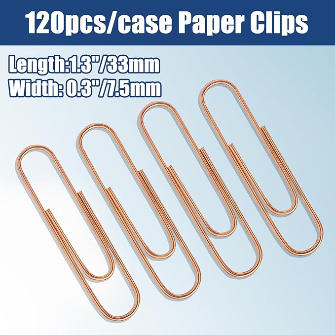 Luomorgo 120 Pcs Rose Gold Paper Clips - 1.3 Inch (33mm) Vinyl Coated Metal Paperclips for Office, School, Home, Bookmark & Document Organizer