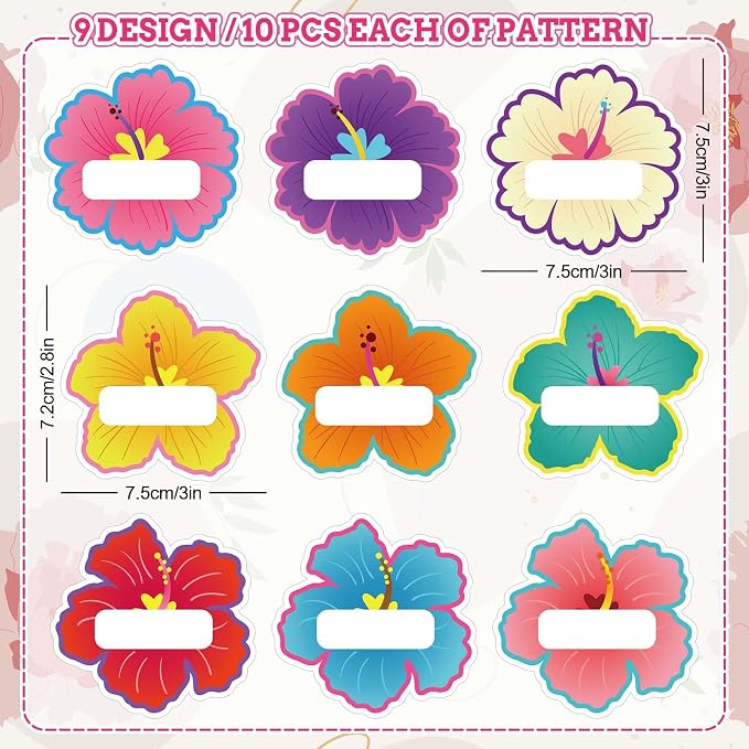 Whaline 90Pcs Hibiscus Flower Name Tag Stickers Colorful Floral Blank Nameplate Decals 9 Styles Self-Adhesive Name Labels for Summer Hawaiian Classroom Students Desk Office Decor
