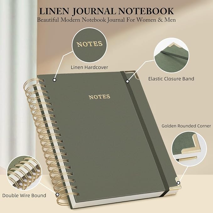 Spiral Notebook Journal, 328 Pages Linen Hardcover College Ruled Notebook, Lined Thick Journals for Women Men, A5 Thick Spiral Journal for Writing, 100GSM Paper, Cute Notebooks for Work School