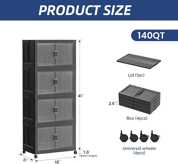 SAILUN 140Qt Stackable Storage Bins,Storage Cabinet with a Lid,4 Pack Black | Stackable Storage Drawers with Lids,18" W x 11" D x 41" H,Featuring open-front Access for Clothes and Closet Storage