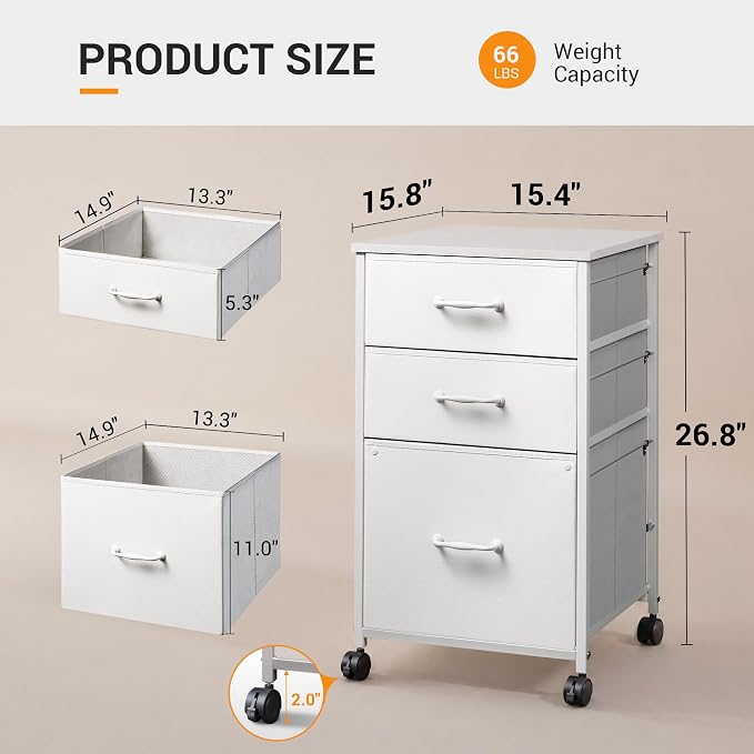 DEVAISE Mobile File Cabinet, Rolling Printer Stand with 3 Drawers, Fabric Vertical Filing Cabinet fits A4 or Letter Size for Home Office, White