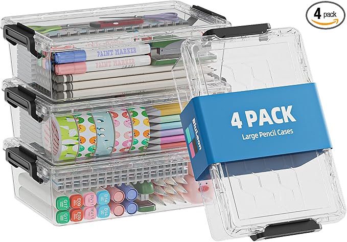 BiuLeon 4 Pack Extra Large Pencil Box, Plastic Pencil Case Organizer, Clear Crayon Box Marker Organizer, Stackable Craft Organizers and Storage for Pen, Craft, Art Supply(Black)