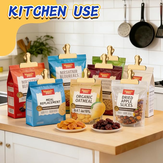 VNDUEEY 12 Pack Chip Clips, Stainless Steel Bag Clips for Food - Keep Snacks Fresh, Strong Grip Chip Clip Bag Clip, Perfect for Kitchen and Office Supplies -3 Inches, Gold