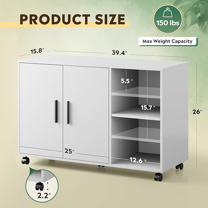 DEVAISE Office Storage Cabinet, Lateral Printer Stand, White | Doors and Shelves, Mobile File Cabinet, Large Office Supplies and Craft Storage
