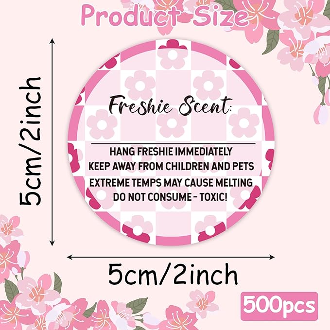 PANTIDE Freshiess Scent Care Instruction Stickers - 500 Count Car Freshie Warning Round Labels, Adhesive Roll Stickers with Line to Write Thermal Printed for Small Business (2 x 2 Inch, Pink Flower)