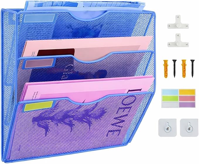 3 Pockets Mesh Wall File Holder Organizer Office Hanging File Folder Magazine Rack, Nametag Label Hooks Set Included (Blue)