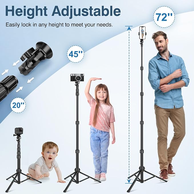 72" Tripod for iPhone, Phone & Camera Travel Tripod Stand with Remote, Compatible with Smartphone/Gopro