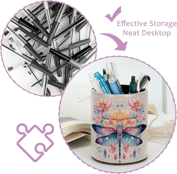 Leather Pen Holder for Desk, Dragonfly Pencil Cup Pen Organizer Makeup Brush Holder for Office Home Kids Countertop Desk Accessory Storage