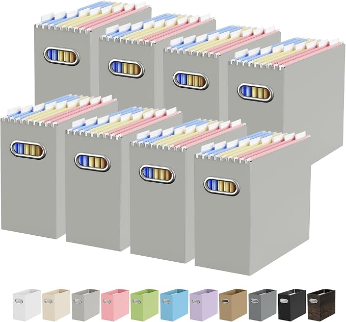 Portable Collapsible Cardboard File Box with Handle for Letter-Size | 8-Pack. Stainless Steel Handle. Label Stickers Included. Fits Letter Folders (Not Included). Home, Office, School, Dorm, Tax.