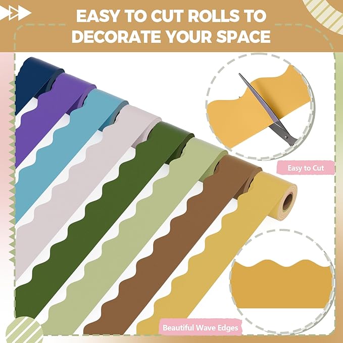 Bulletin Board Borders, 8 Rolls 262.4 Ft Scalloped Boho Classroom Decor | Bulletin Board Decorations for Classroom, School, Office, Blackboard, Whiteboard Trim, Home, Waterproof & Tear Resistant
