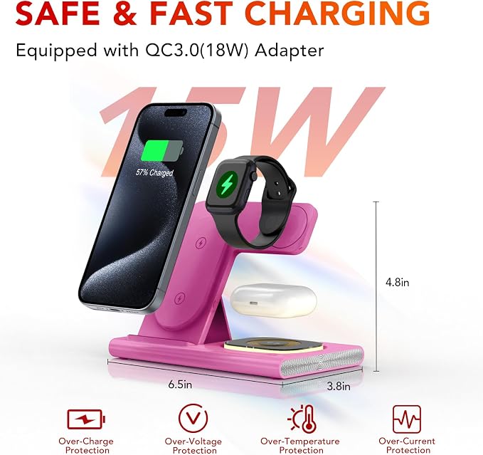 3 in 1 Foldable Wireless Fast Charging Station for Apple Multiple Devices | iPhone Charging Station for iPhone 17, Travel iWatch Charger Stand, Light Nightstand Charging Dock for Apple Watch/Airpods